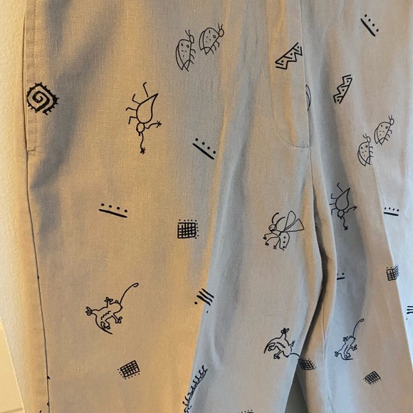Cute Bug Print Cropped Khaki Pants Tie Waist Linen Cotton Blend Sz Small Quirky - Picture 2 of 9